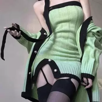 2024 весенние зеленые трикотажные костюмы, повседневный элегантный кардиган, топ + сексуальное мини-платье Y2k, корейская модная одежда, комплект платьев из 2 предметов, новый S зелёный