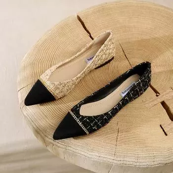 2024 весенние женские повседневные дизайнерские туфли на плоской подошве с металлической цепочкой, женские темпераментные туфли на плоской подошве с мягкой подошвой, элегантные женские туфли без шнуровки с узором «гусиные лапки» 34 бежевый