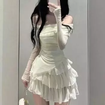 2024 весенний комплект из двух предметов с юбкой, женский укороченный топ Y2k, футболка + юбка-торт, японский кавайный модный костюм, шикарная верхняя одежда в корейском стиле S бежевый