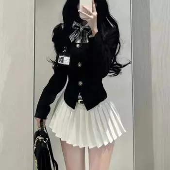 2024 весенний корейский модный костюм с юбкой в консервативном стиле, женский элегантный повседневный тонкий топ с бантом из двух предметов + милая мини-юбка Y2k, новинка S чёрный