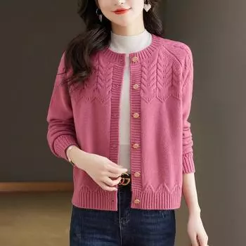 2024 весенний новый вязаный кардиган с круглым вырезом, женский свободный короткий джемпер, куртка, топы One size красный