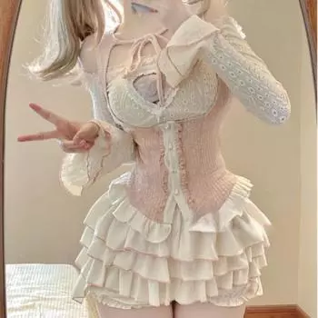 2024 весенний сладкий комплект из 3 предметов, женский вечерние сексуальный укороченный топ Y2k + офисная женская повседневная мини-юбка + элегантный тонкий жилет, корейская мода S розовый