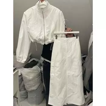 2024 весенняя длинная юбка на пуговицах с высокой талией, спортивное пальто с короткими рукавами и длинными рукавами, комплект из двух предметов, женская однотонная повседневная рубашка Y2k, комплект из 2 предметов S серый/чёрный