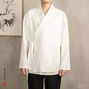 2024 весенняя мужская льняная рубашка-рубашка, мужская искусственная двухслойная рубашка, винтажные рубашки с длинными рукавами в китайском стиле, мужская открытая строчка Hanfu M белый