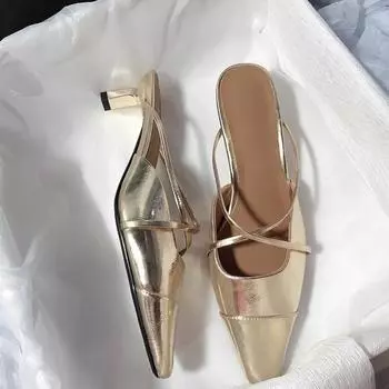 2024 весенняя новая брендовая женская обувь с открытой пяткой, модные сандалии без шнуровки, элегантные женские тапочки на высоком каблуке с квадратным носком на среднем каблуке 38 золотой