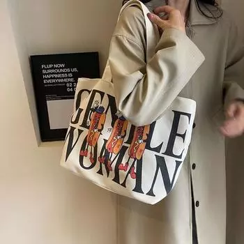 2024 весенняя новая сумка большой вместимости, женская сумка-тоут на одно плечо в стиле ретро с буквенным принтом, повседневная студенческая холщовая сумка