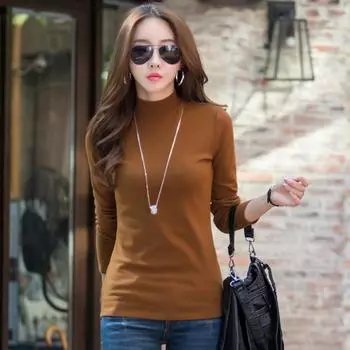 2024 весенняя новая тонкая однотонная женская хлопковая футболка в корейском стиле с длинными рукавами, нижняя рубашка, полуводолазка, женский топ XL чёрный