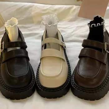 2024 весенняя обувь Мэри Джейн в японском стиле для девочек, повседневная обувь кавайного цвета, однотонная обувь, женские винтажные сандалии на среднем каблуке с пряжкой 35 бежевый
