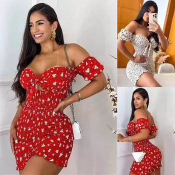 2024 весна и лето, новая европейская и американская женская одежда, облегающее платье с открытым вырезом и короткими рукавами с принтом S красный