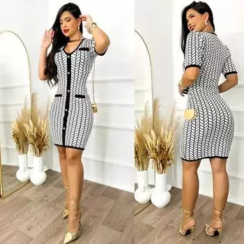 2024 весна и лето, новая европейская и американская женская одежда, облегающее платье на пуговицах с принтом S белый