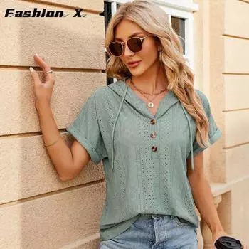 2024 весна и лето, новая однотонная свободная футболка с короткими рукавами и пуговицами, топ для женщин S