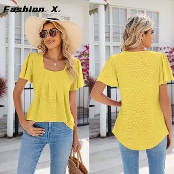 2024 весна и лето, новая плиссированная свободная футболка с квадратным вырезом и короткими рукавами для женщин S