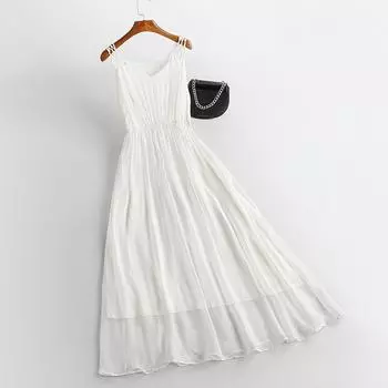 2024 весна и лето новое длинное платье шелковое платье длинное облегающее и тонкое на подтяжках цельное оптом S белый