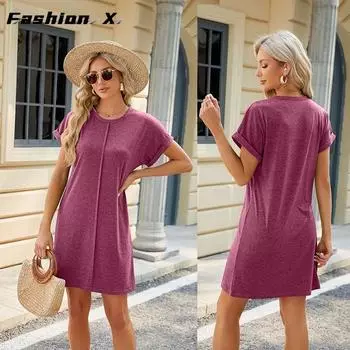 2024 весна и лето новое однотонное свободное платье с круглым вырезом и короткими рукавами для женщин S тёмно-синий