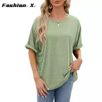 2024 весна и лето, новые однотонные свободные футболки с круглым вырезом и короткими рукавами, женские топы S белый