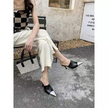 2024 весна и лето новые остроносые туфли на тонком каблуке в европейском и американском стиле с сумкой на голову, полудраг-тапочки в тон, подходящие по цвету, сандалии на среднем каблуке 35 белый
