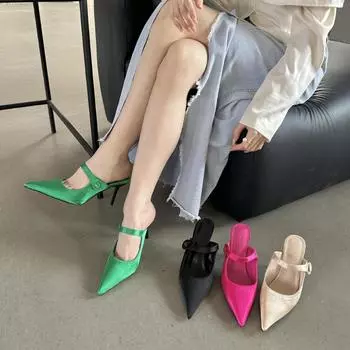 2024 весна и лето новые остроносые туфли на тонком каблуке среднего каблука атласные босоножки на высоком каблуке женские европейские и американские модные туфли с сумкой на голову полудрап 35 чёрный