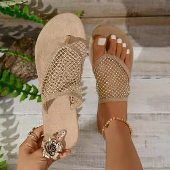 2024 весна и лето новые женские сандалии большого размера на плоской подошве женские полые дышащие сетчатые крутые тапочки с дрелью на носке женские 36 чёрный