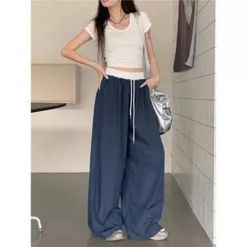 2024 весна и лето новый ретро сращивание контрастных цветов широкие штанины свободные повседневные тонкие брюки тренд S тёмно-синий