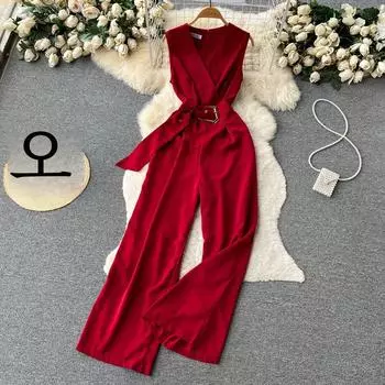 2024 весна и лето, новый сексуальный облегающий комбинезон с v-образным вырезом, темпераментный ремень на талии, женские изящные прямые широкие длинные брюки One Size чёрный