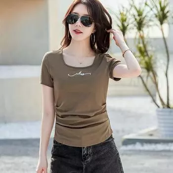 2024 весна и лето, новый стиль, женская футболка с короткими рукавами, квадратный воротник, чистый ветер, плиссированный дизайн, женский топ с вышивкой, приталенный крой S белый