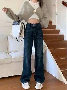 2024 весна и лето ретро узкие прямые длинные брюки для папы модная корейская версия высокая талия широкие штанины свободные универсальные джинсы женские S синий