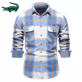 2024 весна и осень, новая деловая мужская рубашка с вышивкой в европейском стиле, профессиональная рубашка с карманами, модная клетчатая рубашка с длинным рукавом, мужской топ S