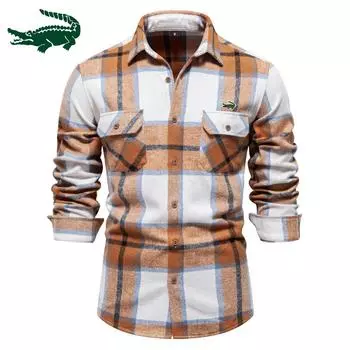 2024 весна и осень, новая деловая мужская рубашка с вышивкой в европейском стиле, профессиональная рубашка с карманами, модная клетчатая рубашка с длинным рукавом, мужской топ S