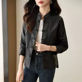 2024 весна и осень новая куртка из искусственной кожи с круглым вырезом женская в национальном стиле ретро с дисковой пряжкой свободная одежда Тан с длинными рукавами топ прилив S чёрный