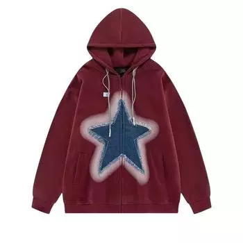 2024 весна и осень новая модная американская ретро куртка с принтом звезд и букв толстовка с капюшоном модная мужская свободная повседневная однотонная куртка M красный