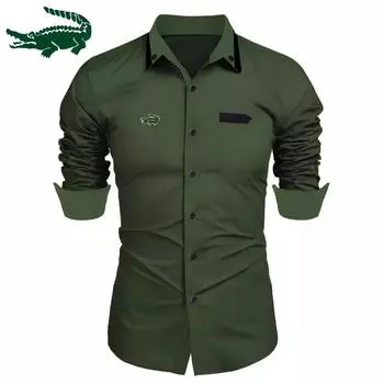 2024 весна и осень новая рубашка европейского размера мужская модная деловая мужская рубашка с вышивкой с длинными рукавами S хаки