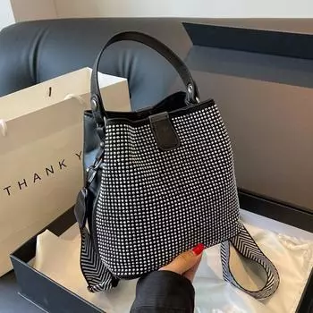 2024 весна и осень новая сумка с бриллиантами большой емкости на присоске закрытая двухслойная сумка-ведро сумка через плечо на одно плечо женская сумка серебряный