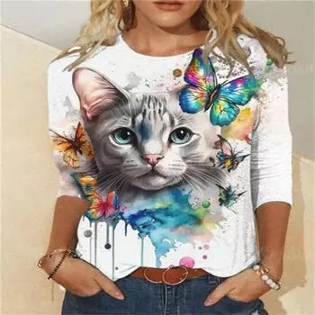 2024 весна и осень новая женская футболка с длинными рукавами и круглым вырезом Meow Cat Series с 3D цифровым принтом S