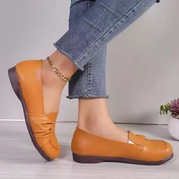 2024 весна и осень новые одинарные туфли женские удобные кожаные туфли подошва из говяжьих сухожилий нескользящие туфли с круглым носком плоские туфли женские туфли для мам 35 оранжевый