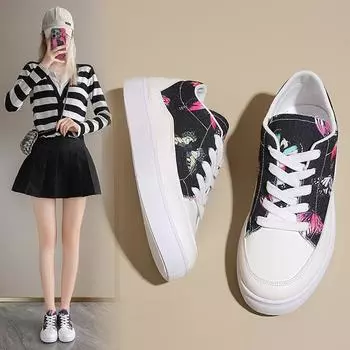 2024 весна и осень новые повседневные туфли с принтом низкие модные легкие спортивные туфли детские одинарные туфли 36 чёрный