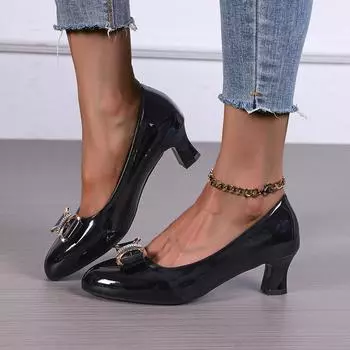 2024 весна и осень новые туфли на высоком каблуке с бантом, тонкие туфли корейской версии, женские туфли с острым носком, повседневные рабочие туфли на толстом каблуке 34 красный