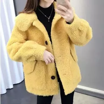 2024 весна и осень новый маленький корейский вариант универсального иностранного стиля однотонное пальто из искусственной овечьей шерсти кардиган короткое пальто для женщин S