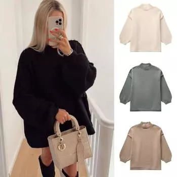 2024 весна и осень новый темперамент круглый вырез простой стиль тонкий вязаный свитер L хаки