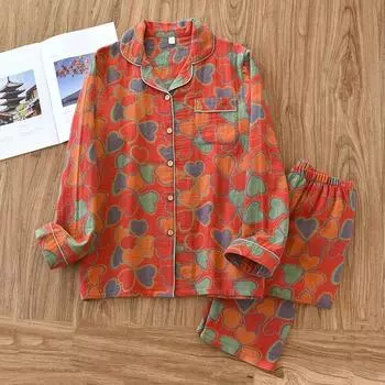 2024 весна и осень, новый женский пижамный комплект, 100% хлопок, с длинными рукавами, из двух предметов, с принтом Love, предметы интерьера для дома, одежда для сна, женская одежда