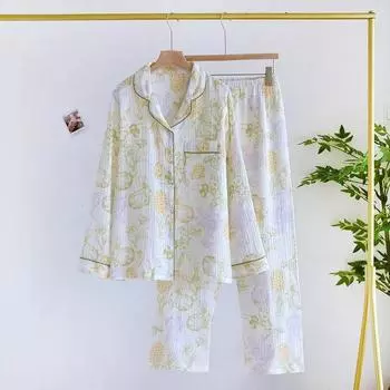 2025 Весна и осень Новый женский пижамный комплект 100% хлопок креп маленький свежий длинные рукава брюки из двух частей свободный домашний Fury Ladies M