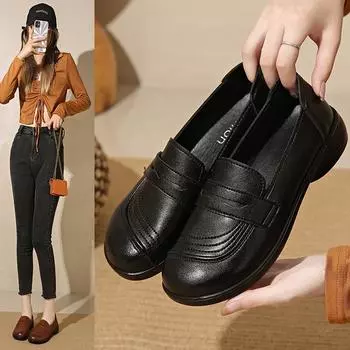 2024 весна и осень обувь для мам мягкая подошва удобная рабочая кожаная обувь женская обувь среднего и пожилого возраста одинарные туфли нескользящие туфли на плоской подошве 35