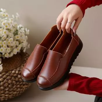 2024 весна и осень обувь для мам мягкая подошва удобная рабочая кожаная обувь женская обувь среднего и пожилого возраста одинарные туфли нескользящие туфли на плоской подошве 35