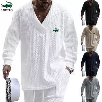 2024 весна и осень, жаккардовый трикотаж для отдыха, мужская свободная футболка с длинными рукавами, мужской пуловер с v-образным вырезом, жаккардовый топ S хаки