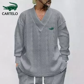 2024 весна и осень, жаккардовый трикотаж для отдыха, мужская свободная футболка с длинными рукавами, мужской пуловер с v-образным вырезом, жаккардовый топ S хаки