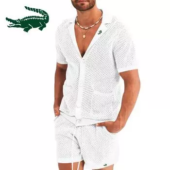 2024 весна/лето, мужская покрытая перспектива, ледяная крутая повседневная тонкая верхняя одежда, мужские шорты с короткими рукавами и вышивкой, комплект S чёрный