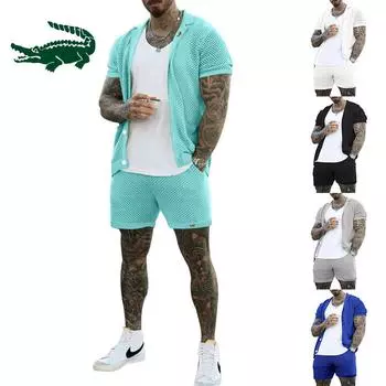 2024 весна/лето, мужская покрытая перспектива, ледяная крутая повседневная тонкая верхняя одежда, мужские шорты с короткими рукавами и вышивкой, комплект S чёрный