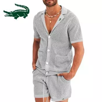 2024 весна/лето, мужская покрытая перспектива, ледяная крутая повседневная тонкая верхняя одежда, мужские шорты с короткими рукавами и вышивкой, комплект S чёрный