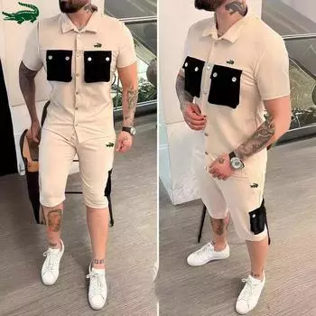 2024 весна/лето новая цветная мужская рубашка с вышивкой с коротким рукавом + шорты модный повседневный спортивный комплект M