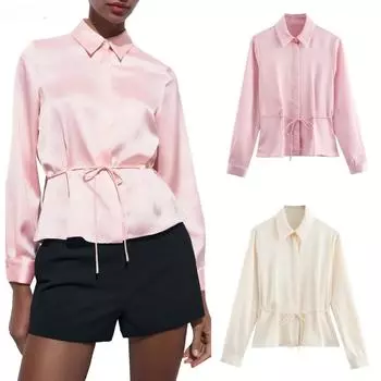 2024 весна-лето новая модная женская рубашка из тонкого шёлкового атласа с декоративной талией XS бежевый