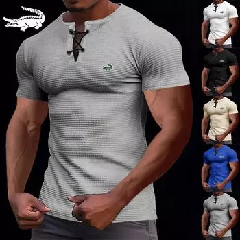 2024 весна/лето Новая спортивная мода для отдыха с вышивкой, приталенная дышащая мужская футболка с короткими рукавами, рубашка Генри, топ S синий